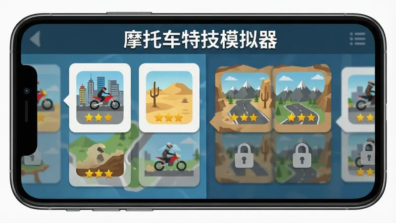 摩托车特技模拟器游戏内多个关卡选择界面的截图风格图片,主体是手机屏幕显示关卡地图,地图上分布着城市、沙漠、山地等不同场景的图标,布局采用左右滑动的卡片式排列,排版上方有“摩托车特技模拟器”字样,风格为扁平化游戏UI设计,细节包括每个关卡图标有星级评价和锁头标志,画质清晰干净无多余元素。