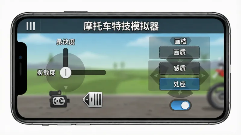 摩托车特技模拟器游戏内设置界面的示意图,主体是手机屏幕显示操作设置和画质选项,布局为左侧灵敏度滑块右侧画质档位按钮,排版上方有“摩托车特技模拟器”标题,风格为简洁游戏UI,细节包括油门刹车图标和重力感应开关,画质清晰干净无多余元素。
