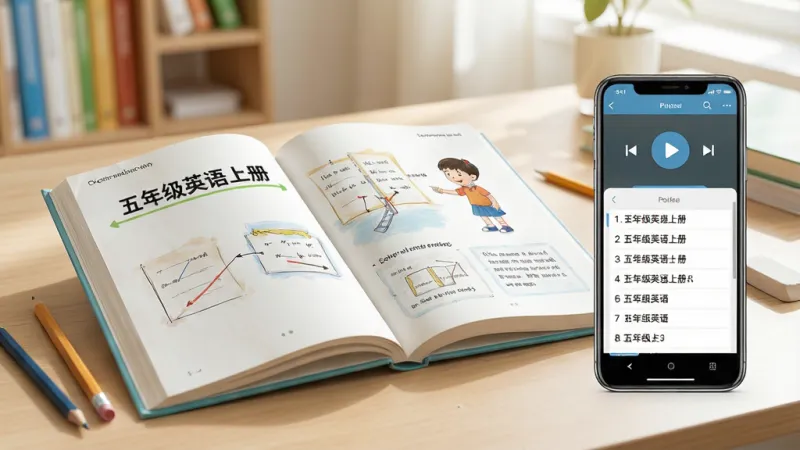 一张展示五年级英语上册App核心界面的生成图片，画面中央是一本打开的英语课本，课本页面上显示着