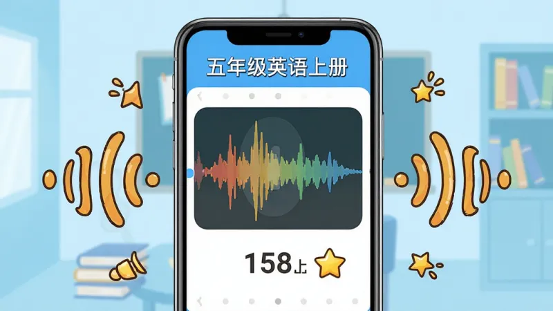 一张展示五年级英语上册App句子跟读评分功能的生成图片，画面中央是一部手机，手机屏幕上显示着英语句子跟读界面，