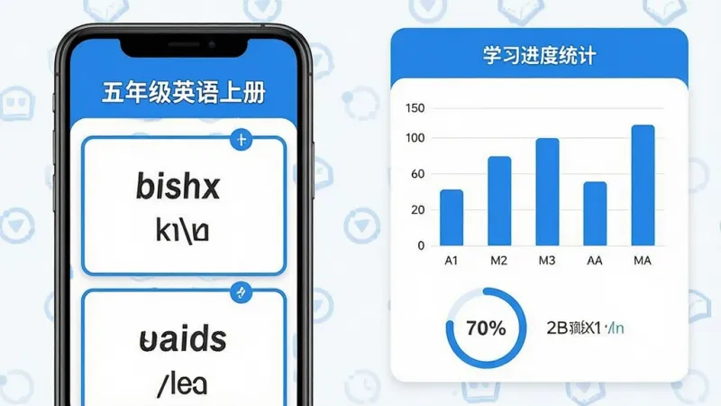 一张展示五年级英语上册App单词速记卡片和学习进度记录的生成图片，画面左侧是手机屏幕显示单词卡片界面，卡片上有英文单词和音标，