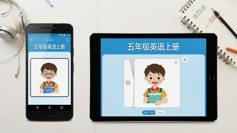 一张展示五年级英语上册App在手机和平板上运行效果的生成图片，画面左侧是一部安卓手机显示点读界面，右侧是一台平板电脑显示同样的界面但布局更宽松，