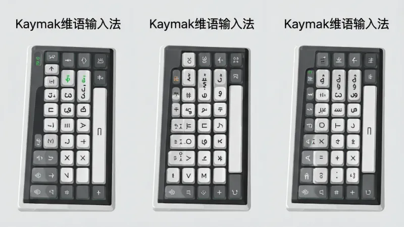 一张展示Kaymak维语输入法多键盘布局切换功能的示意图,画面中并排展示三款不同排列的维语键盘样式,每款键盘上方标注“Kaymak维语输入法”名称,背景为浅灰色,风格扁平化,细节清晰,画质干净,无多余元素