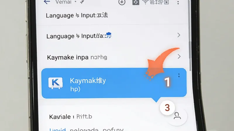 一张展示Kaymak维语输入法在安卓手机设置中启用输入法的步骤示意图,画面中手机屏幕显示语言与输入法设置页面,Kaymak维语输入法选项被高亮标注,旁边有箭头指示操作顺序,背景简洁,风格清晰,画质干净,无多余元素
