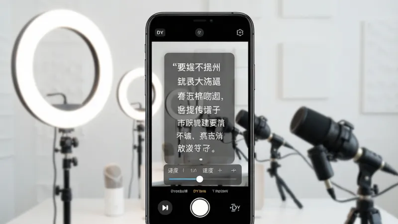 一张展示DY提词器手机App界面的图片，画面中央是一部智能手机，屏幕显示提词器悬浮窗覆盖在相机拍摄界面之上，半透明台词文字正在平滑滚动，周围有播放控制按钮和速度调节滑块，背景是简洁的室内拍摄场景，有环形补光灯和麦克风，整体风格清晰现代，画质干净明亮，无多余元素