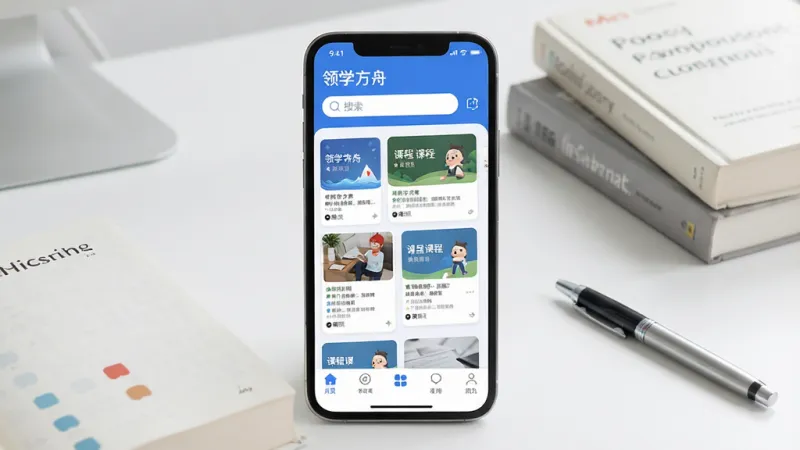 一张展示学习类手机应用界面的场景图,画面中央是手机屏幕,屏幕内显示“领学方舟”应用主界面,界面以蓝白色调为主,顶部有搜索框,中间是课程卡片列表,底部有导航栏,背景是干净的书桌,桌上放着书本和笔,风格现代简约,细节清晰,画质干净,无多余元素