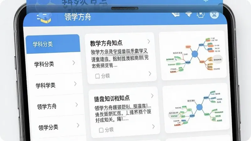 一张展示学习应用内知识点归纳界面的图片,画面主体为手机屏幕,屏幕内显示“领学方舟”的知识点列表页面,左侧是学科分类,右侧是具体的知识点卡片,卡片上有文字摘要和思维导图缩略图,整体排版整洁,风格偏教育类扁平化设计,画质干净,文字清晰无乱码