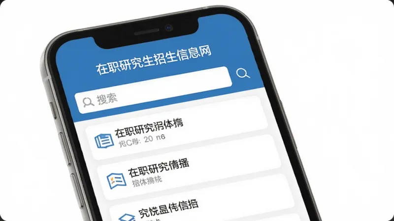 在职研究生招生信息网 手机应用界面展示 主页面包含院校列表和搜索框 顶部有在职研究生招生信息网字样 蓝白配色 扁平化设计 干净整洁 无多余元素 画质清晰