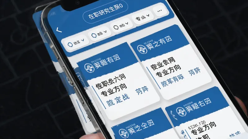 在职研究生招生信息网 院校信息聚合页面 手机屏幕显示多个院校卡片 每张卡片有学校名称和专业方向 顶部筛选栏有地区专业选项 蓝白配色 卡片式布局 简洁现代 画质干净 无多余元素