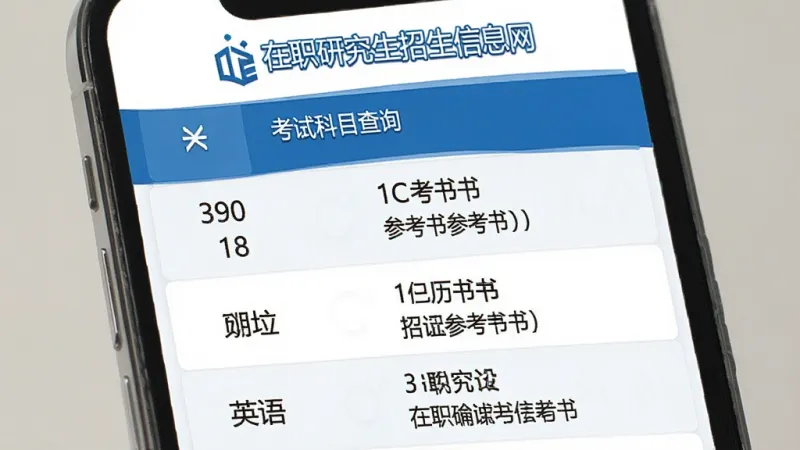 在职研究生招生信息网 考试科目查询界面 手机屏幕显示考试科目列表 包含英语数学等科目名称和参考书目 顶部有在职研究生招生信息网标识 蓝色主色调 列表清晰 排版整齐 画质干净 无多余元素