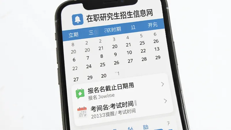 在职研究生招生信息网 报考时间提醒功能展示 手机屏幕显示日历和提醒事项 包含报名截止日期和考试时间 顶部有在职研究生招生信息网字样 蓝色提醒图标 界面清爽 布局合理 画质干净 无多余元素