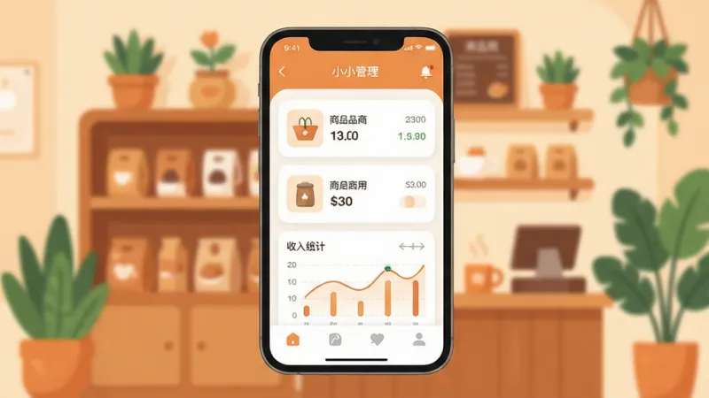 开个小店吧 手机应用主界面 一个温馨的店铺经营场景 画面中央展示手机屏幕 屏幕内是简洁的店铺管理面板 包含商品列表和收入统计图表 背景是暖色调的小店货架和绿植 布局清晰 排版居中 风格现代扁平化 细节圆润 画质干净 无多余元素