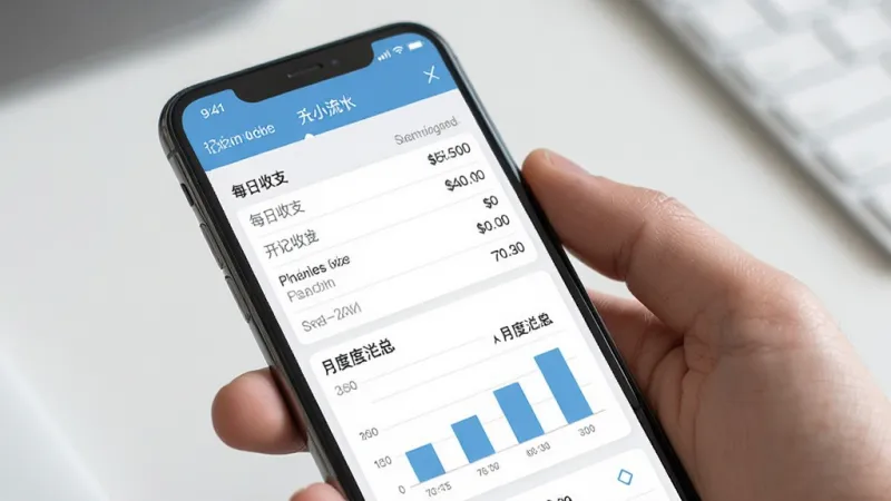 开个小店吧 记账流水界面 手机屏幕展示每日收支列表和月度汇总图表 布局工整 风格简约 细节清晰 画质干净 无多余元素