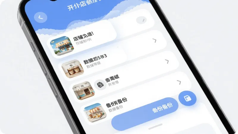 开个小店吧 多店铺切换与数据备份界面 手机屏幕显示店铺列表和备份选项 布局层次分明 风格清爽 细节圆润 画质干净 无多余元素