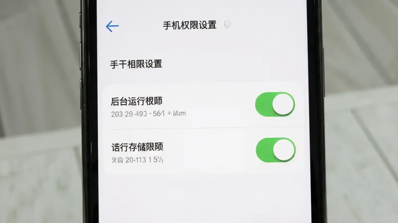 开个小店吧 手机权限设置界面 展示后台运行和存储权限开关 布局清晰 风格直观 细节明确 画质干净 无多余元素