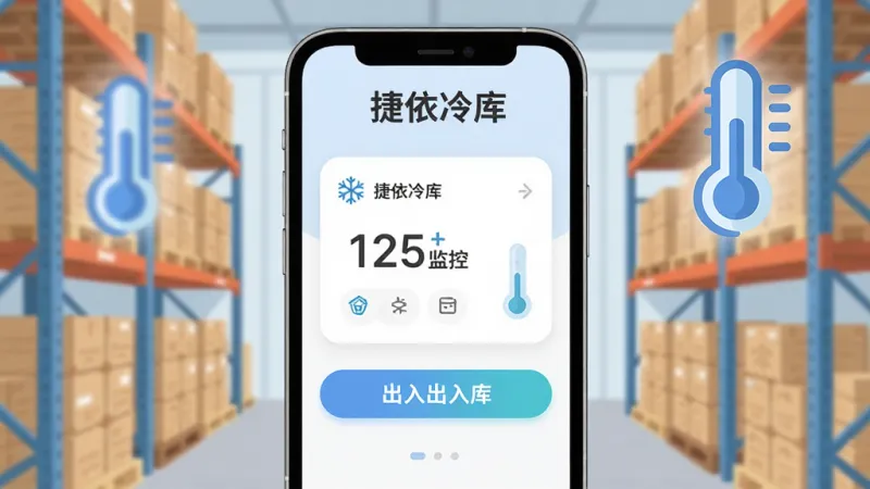 手机屏幕竖版展示“捷依冷库”应用主界面,背景是冷库货架和蓝色温度计图标,界面顶部显示“捷依冷库”文字,中间有温度监控卡片和出入库按钮,布局清晰,扁平化设计风格,细节圆润,画质干净无多余元素