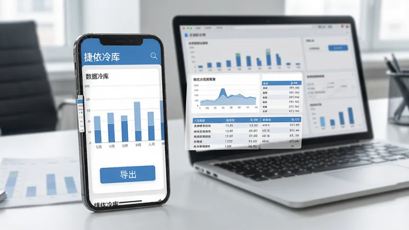 手机屏幕显示“捷依冷库”数据报表页面,有柱状图和表格数据,旁边有导出按钮,背景是办公桌面和笔记本电脑,现代办公风格,布局清晰,画质干净无多余元素