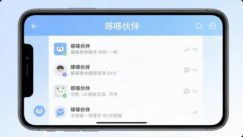 一张展示“哆哆伙伴”聊天软件主界面的手机截图,画面中央是简洁的聊天列表,顶部有“哆哆伙伴”文字标识,背景为柔和的蓝白渐变,界面干净无广告,风格现代扁平,画质清晰,无多余元素。