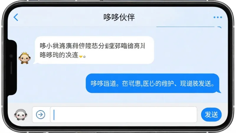 一张展示“哆哆伙伴”聊天对话界面的手机截图,画面中有两个对话气泡,左侧是收到的消息,右侧是发送的消息,底部是输入框和发送按钮,整体布局简洁,背景为浅色,风格清新,画质干净,无多余元素。