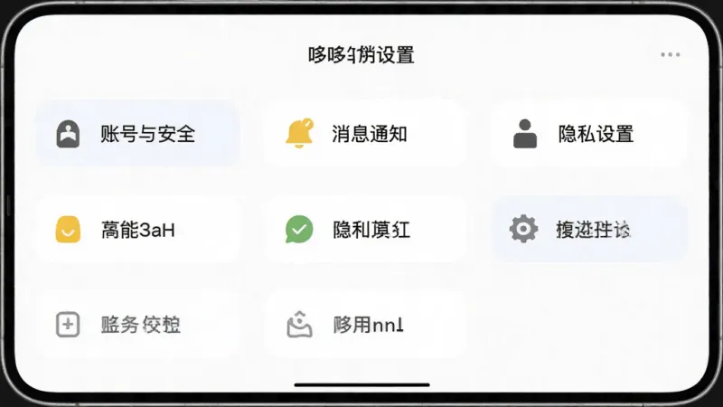 一张展示“哆哆伙伴”功能设置页面的手机截图,画面中排列着几个清晰的选项按钮,如“账号与安全”、“消息通知”、“隐私设置”等,图标简洁,文字标签明确,背景为白色,风格极简,画质干净,无多余元素。