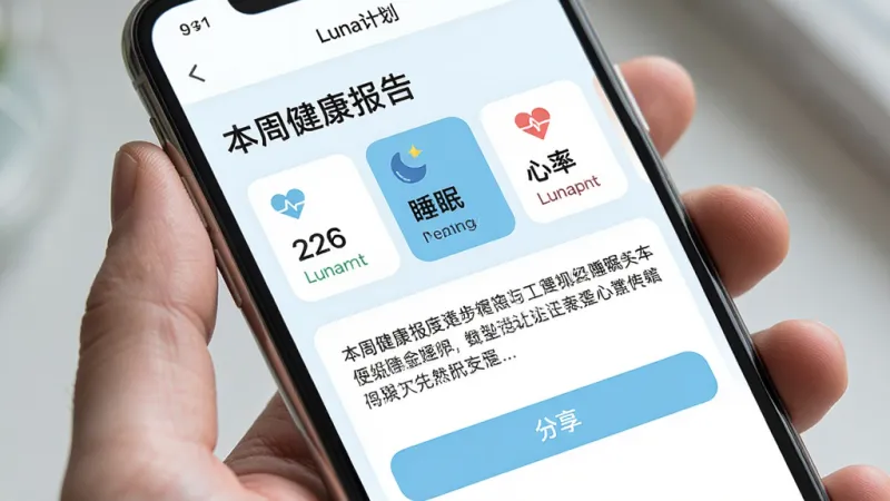 手机屏幕展示Luna计划的周报总结页面,顶部有“本周健康报告”标题,中间是步数、睡眠、心率三个数据卡片横向排列,下方有一段文字总结,底部有分享按钮,界面配色清新,以白色和淡蓝色为主,排版疏朗,画质清晰无多余元素,屏幕中显示“Luna计划”