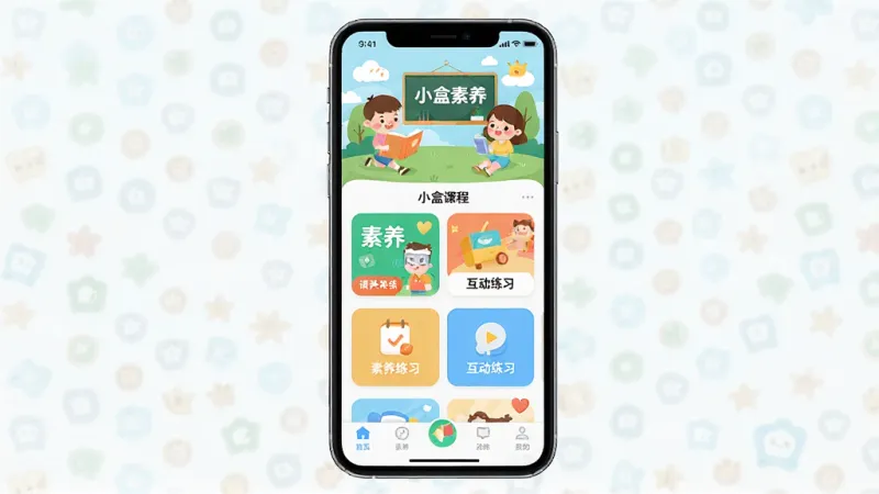 一张展示小盒素养App核心全貌的界面截图,画面中央是手机屏幕,屏幕内显示小盒素养的首页,顶部有卡通风格的学习场景插画,中间是素养课程卡片和互动练习入口,底部导航栏清晰,整体色调明亮活泼,风格为扁平化儿童教育类UI设计,细节圆润,画质干净清晰,无多余元素。