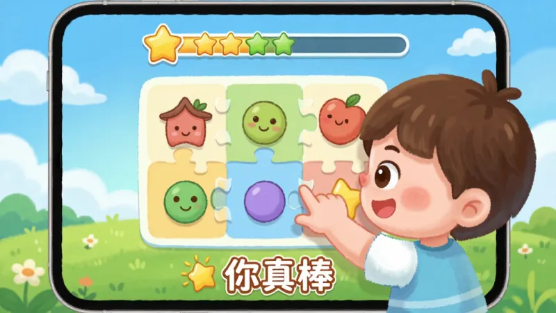 小盒素养App内趣味互动练习界面,画面展示一个卡通小朋友正在拖动屏幕上的图形完成拼图任务,屏幕上方有星星进度条,下方有鼓励文字“你真棒”,背景是蓝天草地,风格为儿童插画风,色彩鲜艳柔和,细节清晰,画质干净无多余元素。
