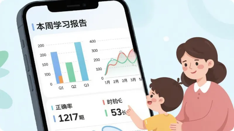 小盒素养App学习报告界面,画面展示手机屏幕上显示柱状图和折线图,图表标题为“本周学习报告”,下方有正确率和时长数据,旁边有卡通家长和孩子的形象在查看报告,风格为现代扁平化信息图表设计,色调清新,文字标签清晰,画质干净无多余元素。