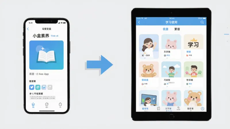 小盒素养App在手机和平板上的安装使用示意图,画面左侧是手机显示下载安装界面,右侧是平板显示学习界面,中间有箭头连接,背景为浅灰色,风格为简洁教程类插图,细节清晰,画质干净无多余元素。