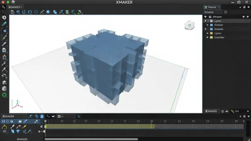 一张展示XMAKER软件主界面的图片，画面中央是XMAKER的3D建模工作区，左侧是工具栏，右侧是图层列表，底部是时间轴，整体布局紧凑，风格现代科技感，画质清晰，干净无多余元素