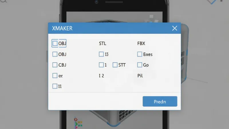 一张展示XMAKER软件导出模型界面的图片，画面中央是一个弹出的文件格式选择框，列出了OBJ、STL、FBX等选项，背景是手机屏幕上的3D模型预览，风格简洁直观，画质清晰