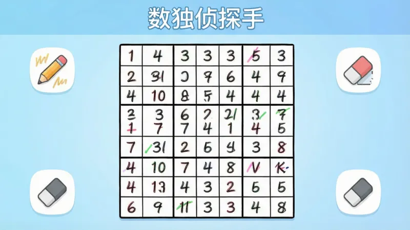 数独侦探手应用主界面展示，画面中央是清晰的九宫格数独棋盘，格子里有手写风格的数字，棋盘周围有铅笔标记和橡皮擦工具图标，背景是柔和的浅蓝色渐变，顶部写着“数独侦探手”应用名称，整体风格简洁明快，扁平化设计，画质干净无多余元素