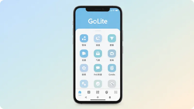 GoLite应用主界面全貌展示，画面中央放置一部安卓手机，手机屏幕显示GoLite应用首页，界面简洁清爽，以浅蓝和白色为主色调，顶部有GoLite文字标识，中部排列若干功能图标，底部导航栏清晰可见，背景为柔和渐变浅色，风格现代扁平化，细节圆润，画质干净无多余元素