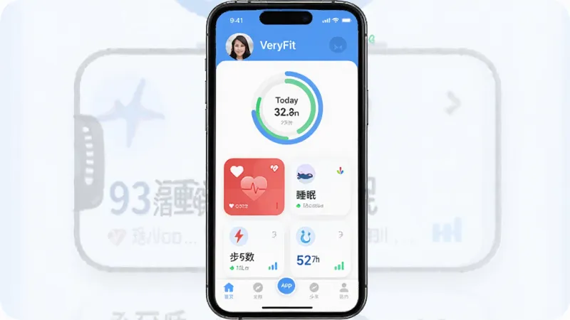 一张展示VeryFit App核心界面的手机样机图，主体是一部智能手机屏幕显示VeryFit应用首页，布局上方是用户头像和今日活动圆环数据，中间是心率、睡眠、步数卡片式排列，下方是底部导航栏，整体排版清晰简洁，风格现代扁平化，蓝白配色为主，细节上图标圆润，画质干净无多余元素