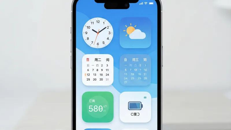 一张展示灵动坞小组件手机桌面美化效果的图片，画面中央是一部现代智能手机，手机屏幕显示丰富多样的小组件排列，包括时钟、天气、日历、电量监控等，整体布局错落有致，色彩清新明快，以蓝白渐变为主色调，风格现代简约扁平化，细节精致圆润，画质高清干净，无多余元素。