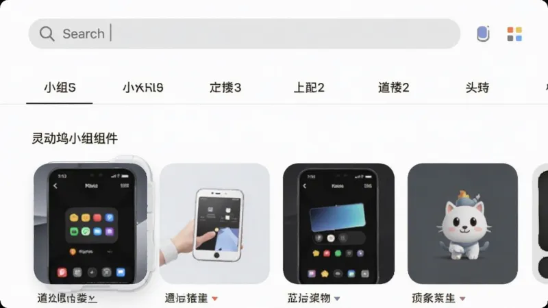 灵动坞小组件主界面干净整洁的布局，顶部为搜索栏，中部为小组件分类标签，底部为已添加小组件预览区，整体无任何广告横幅或弹窗，界面以白色和浅灰色为主，风格极简清爽，画质清晰干净，无多余元素。