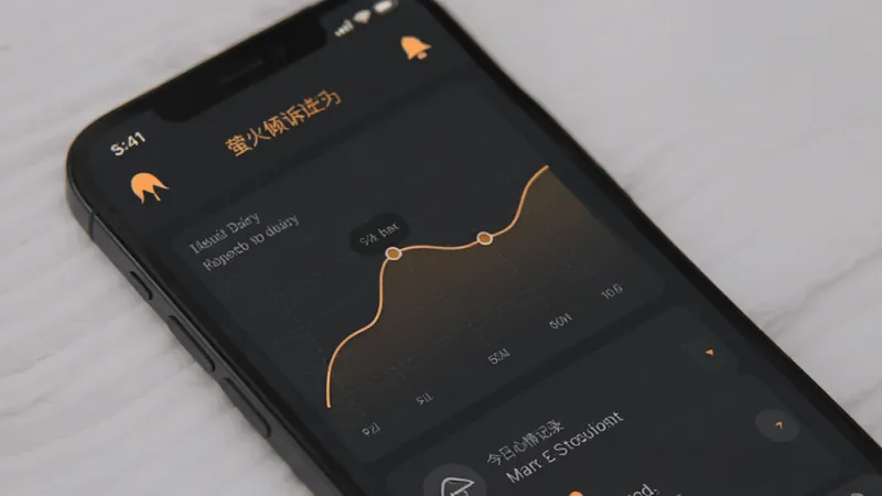 萤火倾诉夜间模式界面,深灰色背景搭配暖橙色文字和图标,手机屏幕显示情绪日记的曲线图和今日心情记录,整体氛围安静舒适,UI设计简约,画质高清干净无多余元素