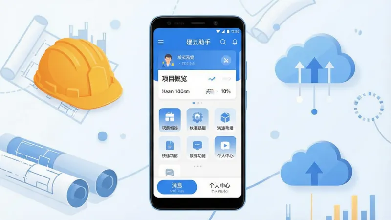 一张展示“建云助手”手机应用主界面的图片，画面中央是一部竖屏安卓手机，手机屏幕内显示“建云助手”应用界面，界面顶部有项目概览卡片，中间是快捷功能入口图标，底部是消息与个人中心按钮，整体布局干净清爽，风格现代扁平，配色以蓝白为主，手机周围环绕着工程安全帽、图纸卷、云朵图标等元素，画质清晰，干净，无多余元素