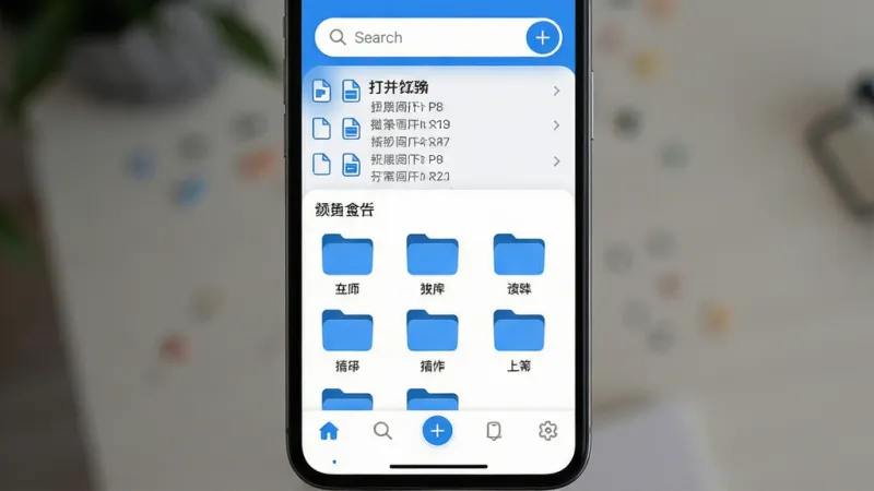 一张展示PDF全能阅读器主界面的图片,主体是一个手机屏幕,屏幕中显示PDF全能阅读器的应用界面,布局上方是搜索栏和最近打开文件列表,中间是文件夹分类区域,下方是导航栏。排版整齐清晰,风格简约现代,细节上界面以蓝白配色为主,图标圆润,文字标注清晰可见。画质干净,无多余元素。