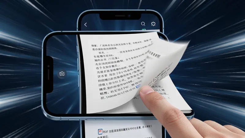 一张展示PDF全能阅读器翻页流畅度的图片,主体是一个手机屏幕特写,屏幕中PDF文档页面正在流畅滑动,背景有速度线表示快速响应。布局以手机为中心,排版简洁,风格科技感十足,细节上页面文字清晰,手指滑动动作明显。画质干净,无多余元素。