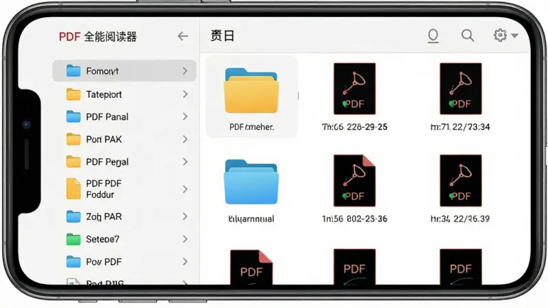 一张展示PDF全能阅读器文件管理界面的图片,主体是一个手机屏幕,屏幕中显示文件夹列表和PDF文件缩略图。布局清晰,排版左侧是分类目录右侧是文件列表。风格整洁高效,细节上文件夹图标有颜色区分,文件大小和日期标注清楚。画质干净,无多余元素。