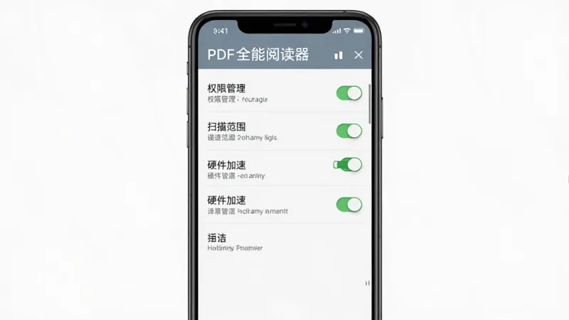 一张展示PDF全能阅读器设置界面的图片,主体是一个手机屏幕,屏幕中显示权限管理、扫描范围、硬件加速等设置选项。布局为列表形式排列整齐,风格简洁明了,细节上开关按钮和文字标注清晰。画质干净,无多余元素。