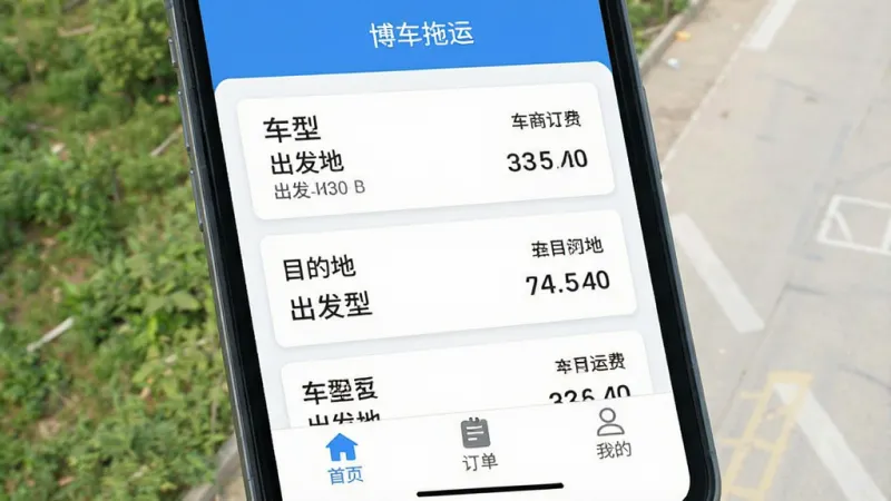 手机屏幕竖屏展示,一个清爽的物流接单应用界面,顶部标题栏写着“博车拖运”,中间是商品车运输订单列表卡片,显示车型、出发地、目的地和运费金额,底部导航栏有“首页”“订单”“我的”三个图标,整体采用蓝白配色,扁平化设计,界面干净整洁,无广告弹窗,画质清晰,光线明亮
