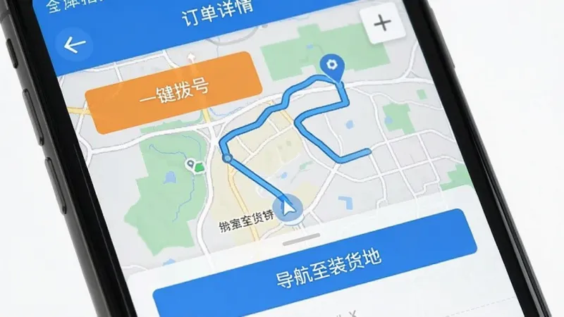 博车拖运 手机界面,显示订单详情页,上面有“一键拨号”按钮和“导航至装货地”按钮,背景是地图导航路线,风格直观易用,画质清晰