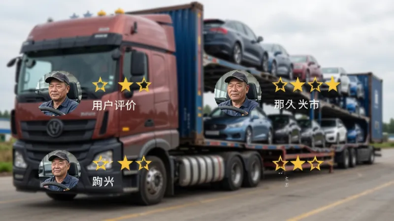 博车拖运 用户评价页面截图,展示多位司机头像和五星好评文字,背景是模糊的卡车和商品车运输场景,风格真实可信,画质清晰