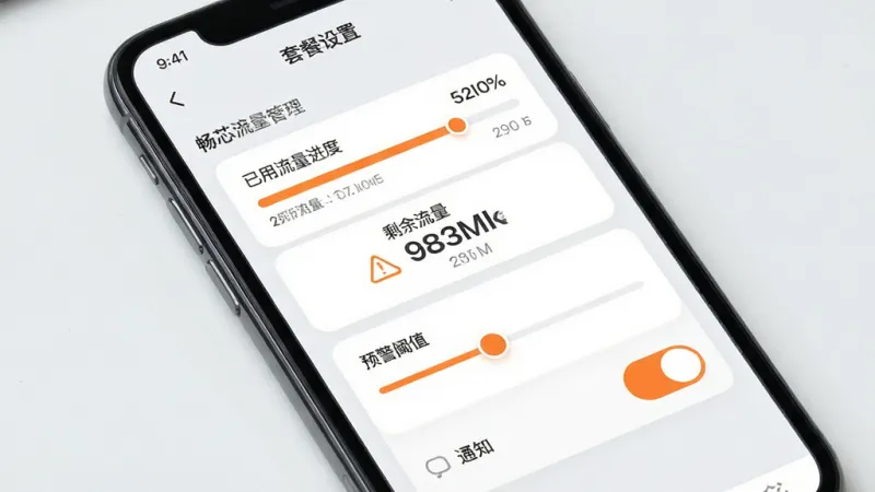 畅芯流量管理套餐设置与预警界面展示，画面主体为手机屏幕，屏幕中显示畅芯流量管理App的“套餐设置”页面，包含已用流量进度条、剩余流量数字、预警阈值滑块和通知开关按钮，排版清晰有层次，风格为简约现代的卡片式设计，色调以浅灰背景和橙色预警标识为主，细节包括圆角矩形按钮和清晰的数值显示，画质干净无多余元素