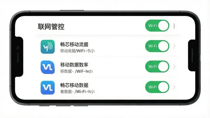 畅芯流量管理联网权限管理界面展示，画面主体为手机屏幕，屏幕中显示畅芯流量管理App的“联网管控”页面，列表展示多个应用图标和对应的移动数据/WiFi开关按钮，排版为垂直列表，风格为清爽的扁平化设计，色调以白色背景和绿色开关高亮为主，细节包括应用名称和权限状态文字，画质干净无多余元素