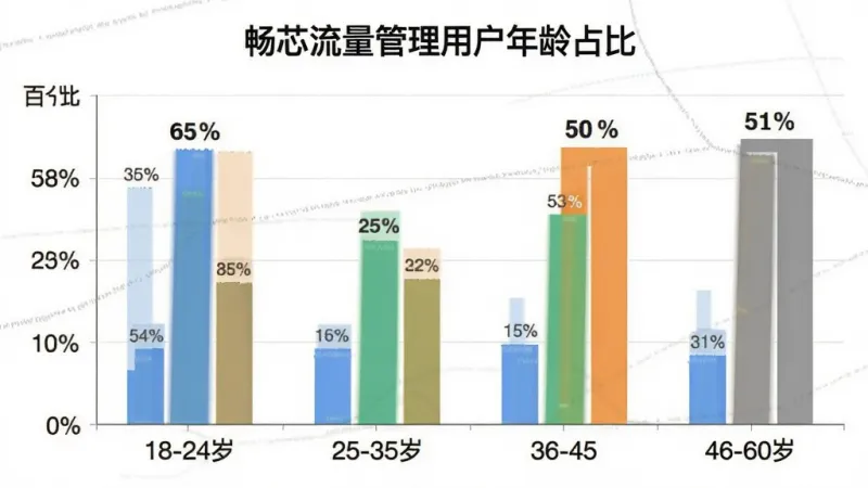 畅芯流量管理用户年龄分布柱状图，画面主体为一张数据图表，图表标题为“畅芯流量管理用户年龄占比”，横轴为18-24岁、25-35岁、36-45岁、46-60岁四个年龄段，纵轴为百分比，柱状图颜色分别为蓝色、绿色、橙色、灰色，排版清晰，风格为现代扁平化数据可视化，细节包括每个柱子上方的百分比数字和底部年龄标签，画质干净无多余元素