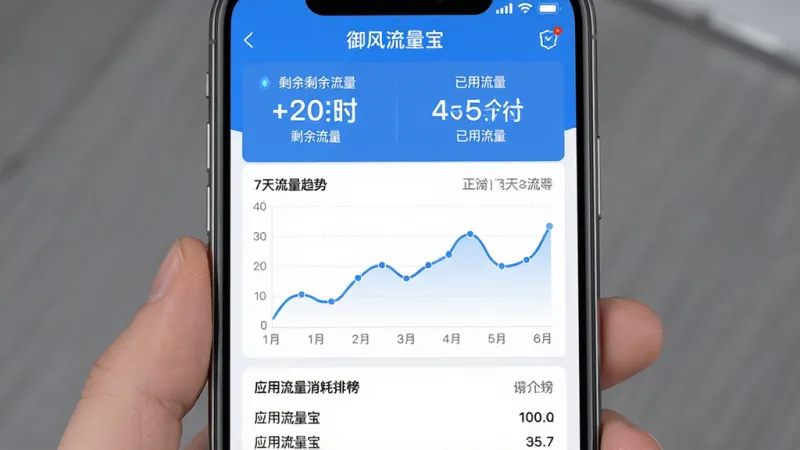 一张手机屏幕截图风格的图片,展示“御风流量宝”的流量统计界面,顶部是剩余流量和已用流量的大字显示,中间是折线图展示近7天流量趋势,底部是应用流量消耗排行榜,界面采用蓝色和白色为主色调,风格现代简洁,数据清晰易读,画质干净无多余元素