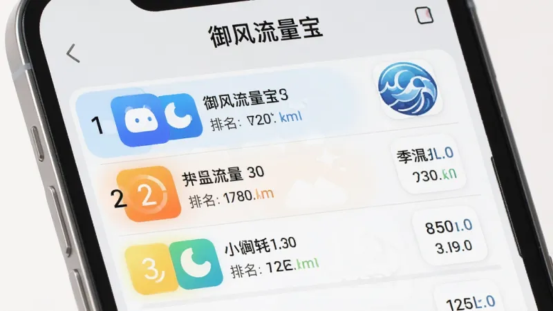 一张展示手机应用流量排行榜的图片,画面中“御风流量宝”的界面清晰显示多个应用图标和对应的流量消耗数值,排名前三的应用被高亮标注,背景是淡灰色手机屏幕,风格干净整洁,数据排列有序,画质清晰无多余元素